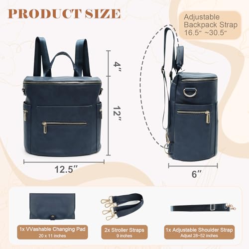 Diaper Bag Backpack Baby Diaper Bag by miss fong, Large Leather Diaper Backpack with 16 Pockets,Diaper Changing Pad, Stroller Straps & 2 Insulated Pockets (Convertible, Navy Meet Black)