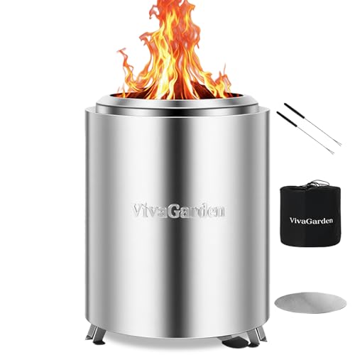 Portable Tabletop Fire Pit, VivaGarden Smokeless Table Top Fire Pit, Wood Burning & Pellets Outdoor Camping Stove with Carry Bag, Forks and Mat (9.7x7.1 Inch, Silver)