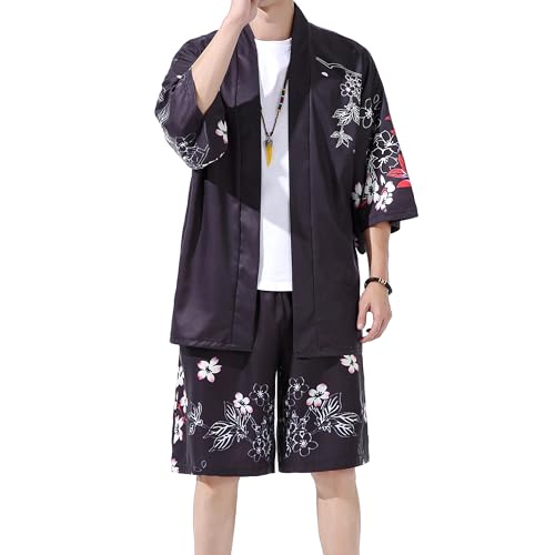 PRIJOUHE Men's Japanese Style Kimono Tops Pants Sets Lightweight Casual Seven Sleeves Open Front Cardigan & Shorts, Black1-22, Medium