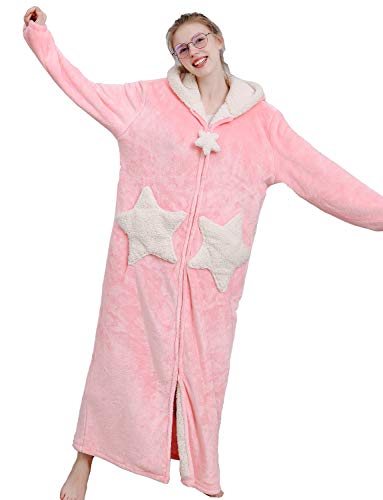 BELLOO Damen Bademantel flauschig mit Kapuze und Reißverschluss, Rosa, L Cover