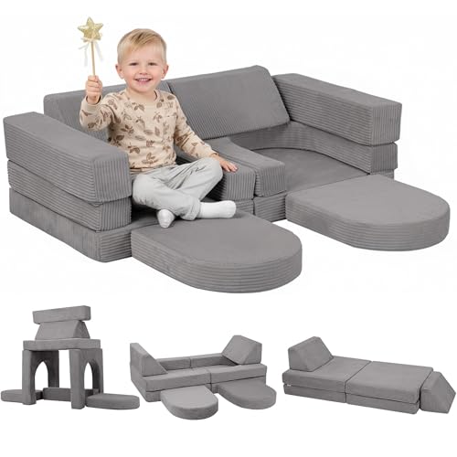 MeMoreCool Kids Modular Play Couch  10 Piece Corduroy Foam Sofa, Light Grey Convertible Playroom Furniture for Toddlers | Fort Building Set | Washable, Soft & Durable