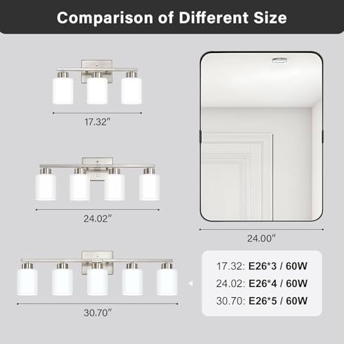 Image of FonmYim Brushed Nickel Bathroom Light Fixtures, 5-Light Modern Vanity Light Over Mirror, Wall Sconces with Milky White Frosted Glass Shades, E26 Socket (Bulbs Not Included)
