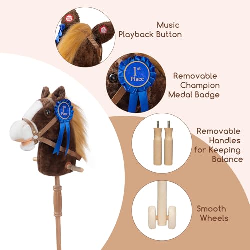 HollyHOME Stick Horse Plush with Detachable Blue Ribbon Champion Hobby Horse on Stick with Wood Wheels Real Pony Neighing for Kids Toddlers Chocolate 36 Inches(AA Batteries Required) by HollyHOME - Image 6