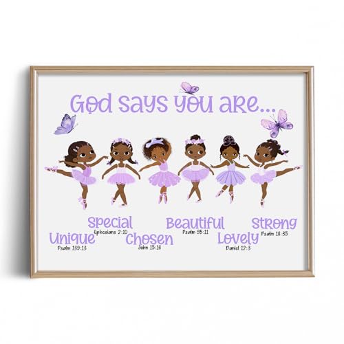 Image of God Says You Are Christian Bible Verses - Purple Ballerina Baby Girl Room Decor - Black Afro African American Girl Wall Art - Religious Room Decor for Toddler Nursery Bedroom Decor - 11x14 Prints Gift