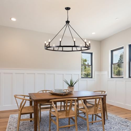 Image of 12-Lights Black Wagon Wheel Chandelier 38 inch Industrial Hanging Light Fixture for Dining Room Farmhouse Round Chandeliers for Living Room Foyer Hallway Kitchen Island Entryway