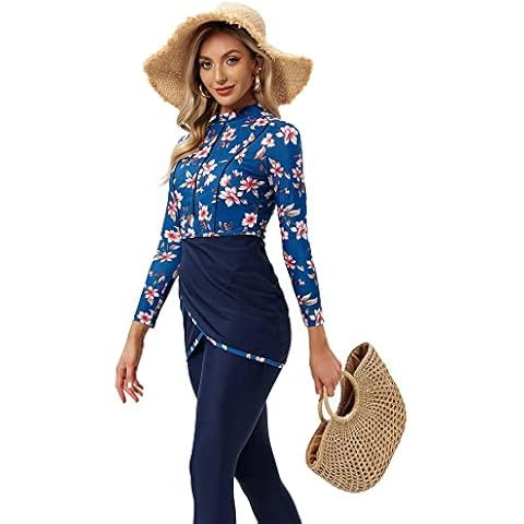 YONGSEN Muslim Swimwear Women Burkinis Plus Size Modest Patchwork Hijab Long Sleeves Sport Swimsuit Islamic, Blue, Small Cover