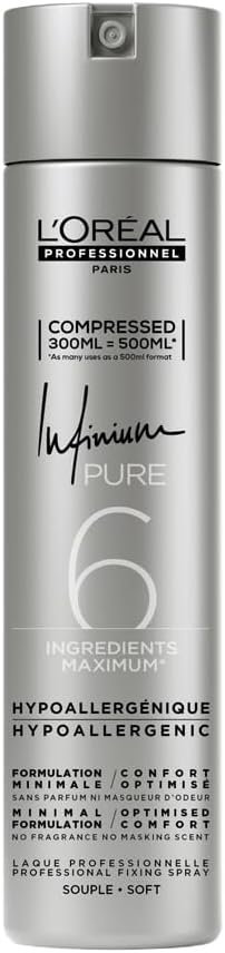 L’Oréal Professionnel, Licht Fixerende Haarspray, Voor een Gevoelige Hoofdhuid en Geur- en Allergiegevoelige Mensen, Lichte Fixatie Voor Langdurige Soepele Haarstijl, Infinium Soft Pure, 300ml