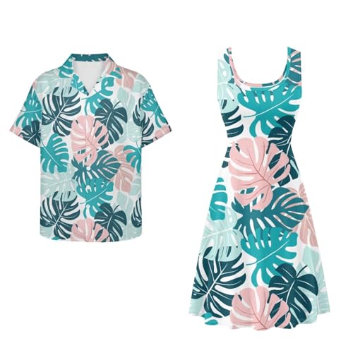 Image of Dreaweet Summer Dresses for Women A-Line Sleeveless Flowy Sun Dresses,Men's Casual Button-Down Shirts,Couple Matching Outfits