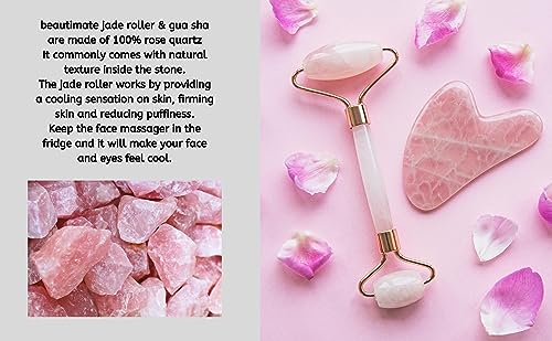 beautimate Kit de rolo de jade rosa de quartzo e conjunto facial Gua Sha para cuidados com a pele do