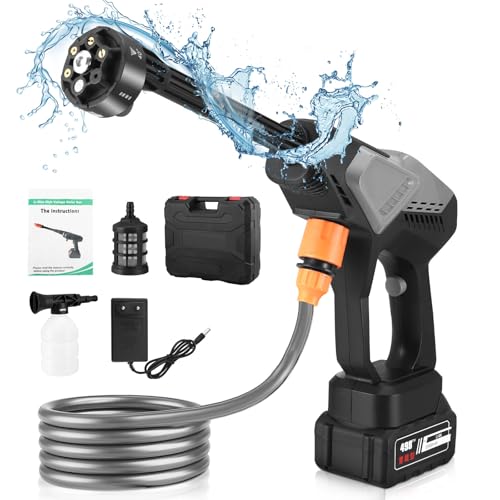 Pistola a Presion con Bateria, 65Bar Hidrolimpiadora Bateria Portatil Pistola de Agua a Presión Manguera 5m Limpiadora Alta Presión para Uso Coche Hogar Jardín Patio Viajes