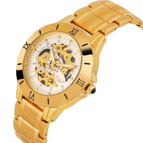 Image of Foce Men's Automatic Golden Stainless Steel Chronograph Watch, White Skeleton (See-Through) Dial, Magnetic Health Monitor, Two-Tone Golden Stainless Steel Strap, Limited Edition, Model F979GGM-WHITE