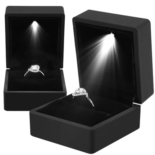 DELALO® Ringbox - mit LED - Schwarz - Schmucketui - beleuchtet - für besondere Momente - Schmuck, Heiratsantrag, Verlobung, Hochzeit - Ehering (Schwarz)
