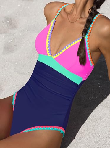 Image of popvil Women One Piece Swimsuit Colorblock Ruched Bathing Suit | Adjustable slider straps, Multi neon trim, Long torso, Detachable padding, Quick dry fabric, Beach Vacation