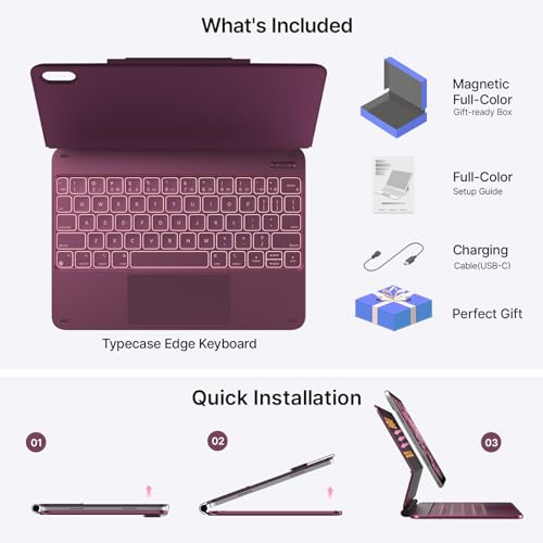 Image of typecase Edge Keyboard Case for iPad 11th Gen A16 (2025) & 10th Gen 10.9 inch (2022) - Multi-Touch Trackpad, 11-Color Backlit Magic-Style Keyboard - Floating Magnetic Stand, Pencil Holder - Raspberry