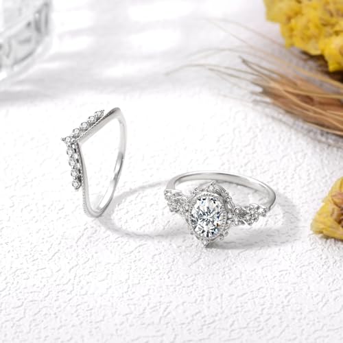 2 Carat(ctw) Oval-Cut Moissanite Engagement Rings Sets for Women,925 Sterling Silver Halo Wedding Rings Sets,Bridal Ring Sets for Anniversary Birthday3