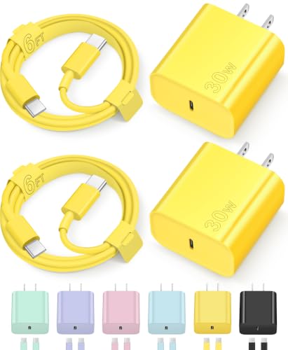 Image of iPhone 17 16 15 Charger Fast Charging 30W USB C Chargers Block Type C Charger 2 Pack 6FT Cord for iPhone 17 /17 Plus /17 Pro Max /Air /16 /16 Plus /16 Pro Max /15 Pro Max /iPad Pro /Samsung(Yellow)