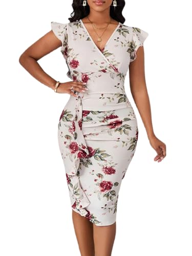 Image of Yajedo Women's Summer Bodycon Midi Dress Print Ruffled Sleeves V Neck Ruched Cocktail Pencil Dress