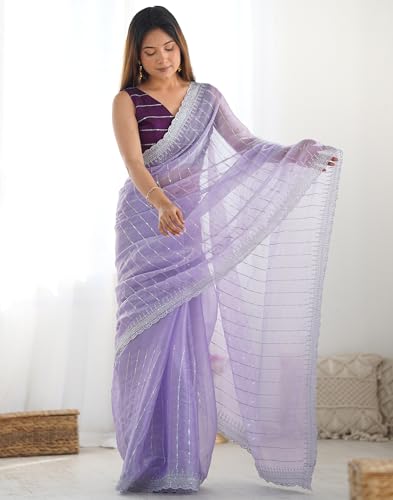 Image of SIRIL Women's Shimmer Chiffon Sequence Embroidery Saree With Unstitched Blouse Piece for Wedding and Parties