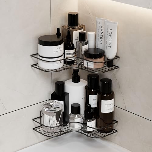 Image of GLOXY Premium Self-Adhesive Mount Black Metal Bathroom Corner Rack - Rust Resistant Bathroom Accessories Storage Rack Shelf - Multipurpose No Drill Shower Caddy Organizer - Pack of 1
