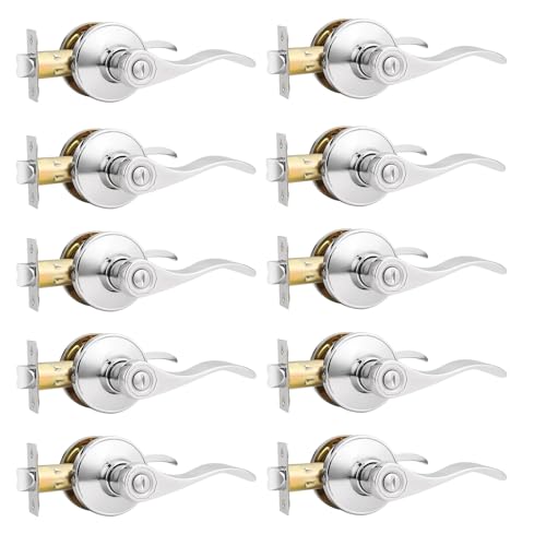 Probrico Privacy Door Handle Lever Polished Chrome Interior Door Handle, Chrome Door Lever for Bedroom Bathroom Keyless Interior Door Lock Wave Style, 10 Pack