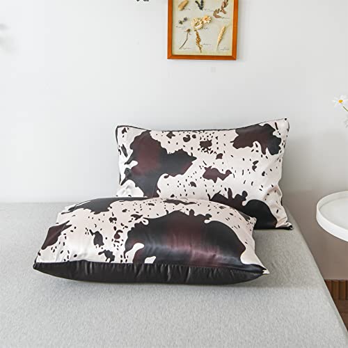 Aimuan Brown Cow Print Comforter Satin Luxury Silk Like Satin Silky Cozy Quilt Set Super Soft Cartoon Bedding Sets With 2 Matching Pillow Covers (Cream-Coffee, King) #TOP5