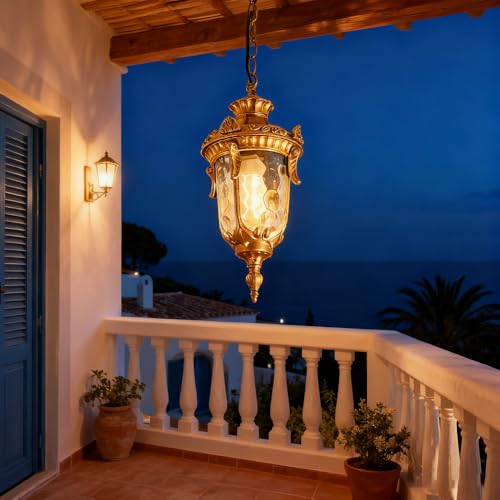 XINYASEE Outdoor Pendant Light, Gold Decorative Chandelier with Textured Glass lampshade, Antique Classic Ceiling Light, Suitable for entryway, Living Room, Bedroom, Dining Room, and Cafe(B-Gold)