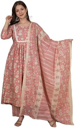 Meera Fab Women's Cotton Printed Anarkali Kurta With Palazzo & Dupatta Set With Handwork