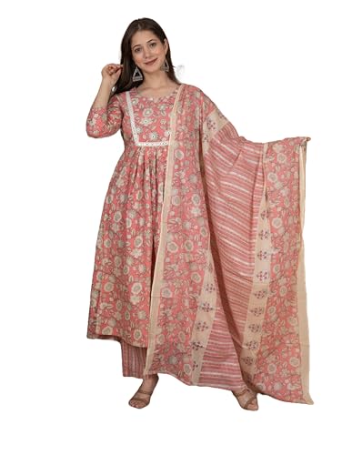 Meera Fab Women's Cotton Printed Anarkali Kurta With Palazzo & Dupatta Set With Handwork
