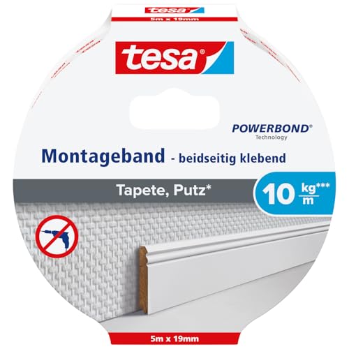 tesa Powerbond do tapety i tynku - dwustronna taśma montażowa do stosowania wewnątrz budynku - idealna do tapet i tynków - trwała i mocna taśma montażowa - 5 m x 19 mm