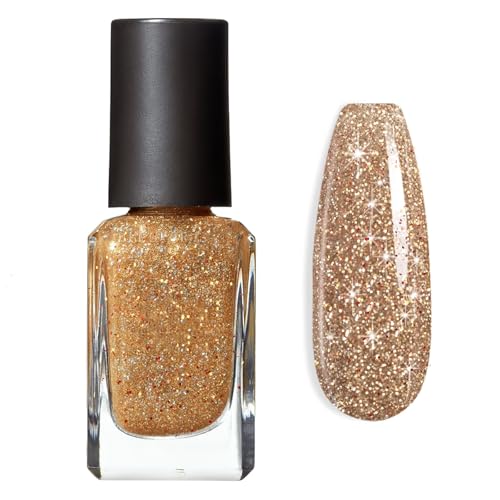 Glitter Nail Polish - Quick Dry Nail Varnish - Gold Nail Polish - Holographic Flash Shimmer Glossy Nail Varnish - Long Lasting Sparkly Nail Varnish for Women Girls No Need UV