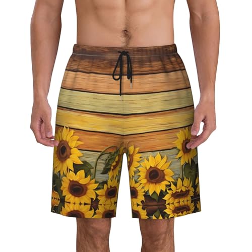 Paint Wooden Board Sunflower Print Men's Beach Pants Lightweight Quick-Dry Swim Pants with Mesh Lining for Men