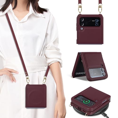 Cavor for Samsung Galaxy Z Flip 4 Case Magsafe,Z Flip 4 Magsafe Case for Women,Phone Case for Z Flip 4 Case with Strap Crossbody Lanyard? Leather Case Shockproof Protective Case-Wine Red