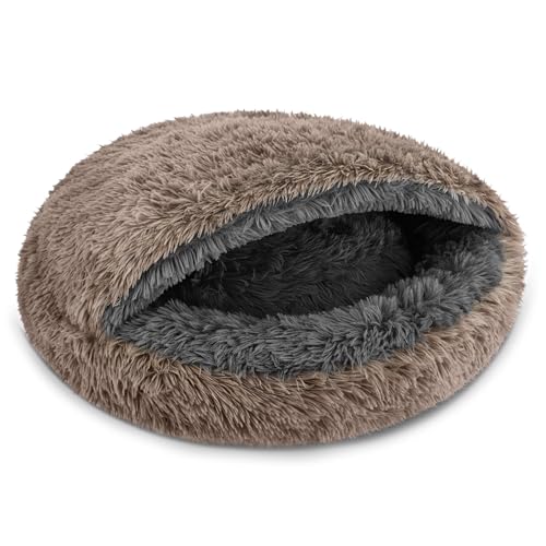 Hundebett Katzenschlafsack 2in1 - Kuschelhöhle & Schlafsack für Hunde und Katzen - Shaggy Fell außen, Sherpa innen - Durschmesser 80 cm - Anti-Slip Unterseite - Made in Poland - Größe XL Beige