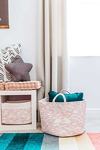 Image of OrganiHaus XXL Cotton Rope Basket | Wide 20 inch x 13.3 inch Blanket Storage Basket with Long Handles | Decorative Clothes Hamper Basket | Extra Large Baskets (Wide (20 inchx13.3 inch), White w /Rainbow Stitches)