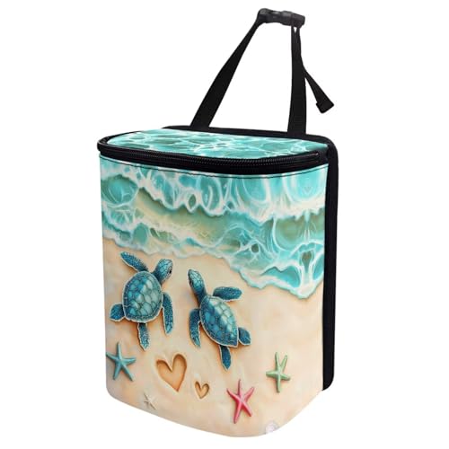 Image of KEIAHUAN Beach Theme Sea Turtle Hanging Car Trach Can for Back Seat Automotive Garbage Container Bin Large Capacity Portable Grocery Organizer Bag with Lid for Snacks, Drinks, and widget