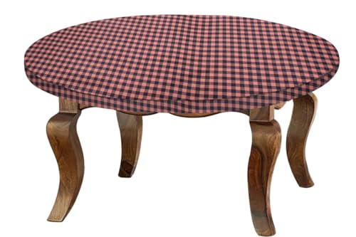 Image of The Furnishing Tree Round Elastic Fitted Center Tpoy Table Cover WxL 18x18 Inches Checkered Pattern Beige