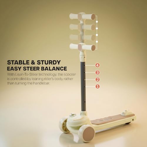 Image of Baybee Vector Baby Premium Kick Scooter for Kids with 4 Height Adjustable | Foldable Kids Scooter with RGB Light, Music | Skate Scooters with Rear Brake | Runner Scooters for Kid 2 to 10 Years (Beige)