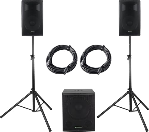 Pronomic Powerstage Economy 1812 2.1 - aktives PA-Set mit 1x 18-Subwoofer und 2X 12-Satelliten - 540 Watt Gesamtleistung (RMS) - inklusive Lautsprecherstative