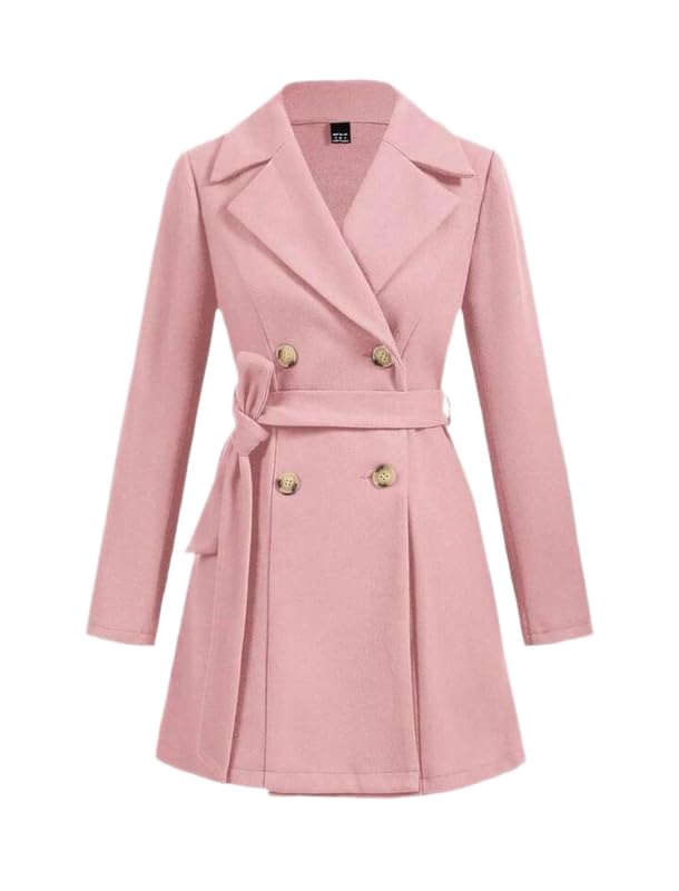 Patakadevi Women’s Pink Winter Overcoat | Double-Breasted Long Coat with Belt | Soft & Warm Woolen-Feel Fabric | Stylish Cold-Weather Jacket for Office, Travel & Daily Outfits | Sizes S–5XL