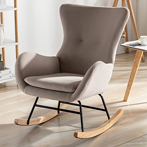 Image of Qtivii Rocker Glider Chair for Nursery, Modern Rocking Chair with High Backrest and Armrests, Comfy Uplostered Accent Chair for Living Room, Bedroom (Beige)