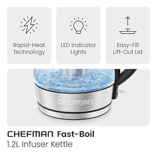 CHEFMAN Electric Kettle - 1.2L 1500W Hot Water Tea Pot with Infuser, BPA Free, Auto Shut Off, Boil-Dry Protection, Removable Lid, LED Light, Cordless Glass Electric Tea Kettle – Stainless Steel
