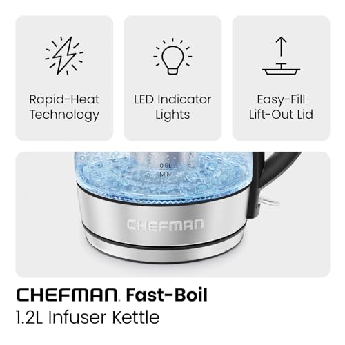 CHEFMAN Electric Kettle - 1.2L 1500W Hot Water Tea Pot with Infuser, BPA Free, Auto Shut Off, Boil-Dry Protection, Removable Lid, LED Light, Cordless Glass Electric Tea Kettle – Stainless Steel