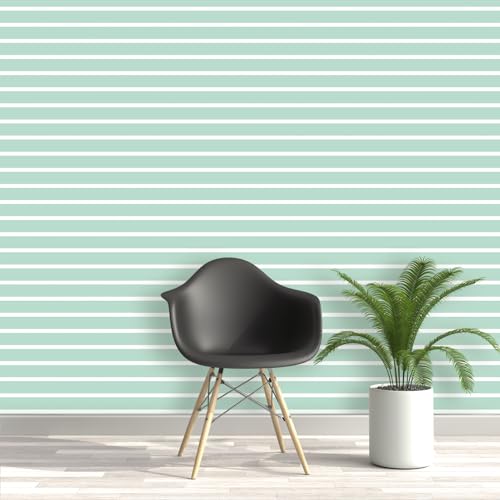 Image of DWELLSINDIA Pastel Green Horizontal Striped Wallpaper for Wall Decor | Self Adhesive Peel & Stick, Thick Textured Premium Paper | Scratch Resistant Laminated | Bedroom & Living Room | 41x244 cm