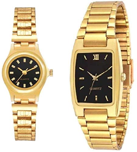 ZUPERIA Analogue Men & Womens Watch (Black Dial Gold Colored Strap) (Pack of 2) (B0837TP42P) Amazon Price History, Amazon Price Tracker
