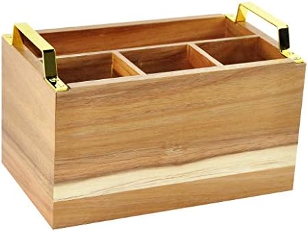 Eitida Cutlery Utensil Holder, Flatware Caddy, Silverware Condiment Organizer for Dining, Picnics, Kitchen, Entertaining Tailgating with 4 Compartments Acacia Wood with Golden Metal Handle