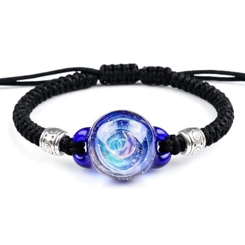 Image of FZGLOVE Handmade Galaxy Glass Bracelet for Women Men Adjustable Black Braided Cord Cosmic Star Bracelet Unique Jewelry Gift for Space Lovers (Style 1)