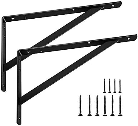 Shelf Brackets 14 inch, Heavy Duty Floating Shelf Bracket for Open Shelving, Black Metal L Bracket Angle Wall Brackets for 14 16 Large Shelves - 2 Pack with Screws - Multi-Size Available