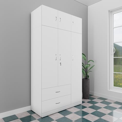 Image of VIKI Wardrobe | Wooden Almirah for Clothes,Door for Bedroom, 3 Door Loft Wardrobe with Drawer & Hanging Space (Frosty White - 40D x 120W x 220H) | 1 Year Warranty | Free Assembly