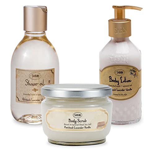 Sabon Patchouli Lavender Vanilla Set | Exfoliating Dead Sea Salt Body Scrub, Shower Oil And Body Lotion | For All Skin Types | 3 Items #TOP9