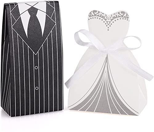 Auped 100 Stück Gastgeschenke Hochzeit, Pralinenschachteln, Bräutigam Braut Pralinenschachteln, Gastgeschenkschachtel, Geschenkschachtel mit Schleife, Pralinenschachtel zur Verlobung, Hochzeitsfeier Cover